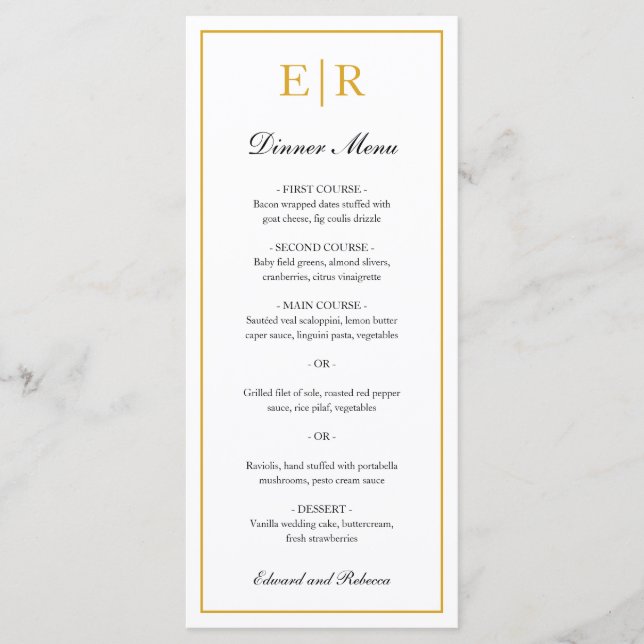 Simple Elegant Gold Monogram Formal Wedding Menu (Front)