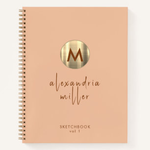 Simple Elegant Gold Monogram Peach Sketchbook Notebook