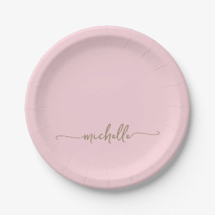 Simple Elegant Gold Monogram Script Blush Pink  Paper Plate