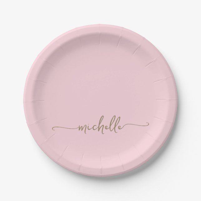 Simple Elegant Gold Monogram Script Blush Pink  Paper Plate (Front)