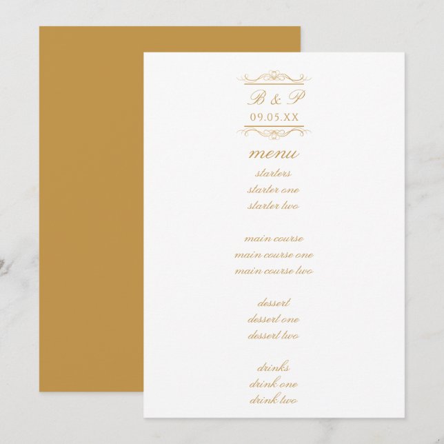 Simple Elegant Gold Monogram Wedding Menu Card (Front/Back)