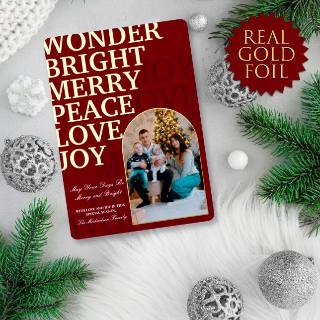 Simple Elegant Gold Red Typography Family Photo Foil Holiday Card (Creator Uploaded)