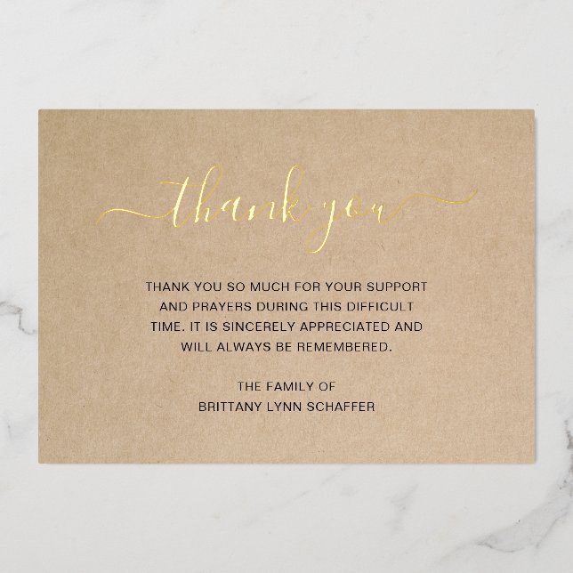 Simple Elegant Gold Rustic Funeral Thank You Card (Front)