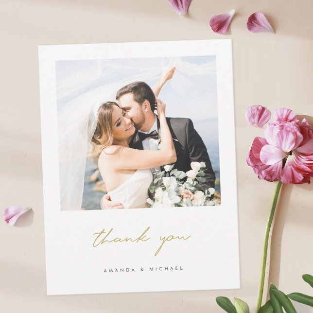 Simple Elegant Gold Script Photo Wedding Guest Thank You Card (Creator Uploaded)