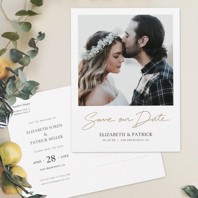 Simple Elegant Gold Typography Photo Save the Date Invitation Postcard (Creator Uploaded)