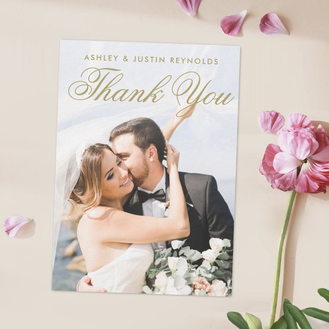  Simple Elegant Gold Typography Photo Wedding Thank You Card (Creator Uploaded)