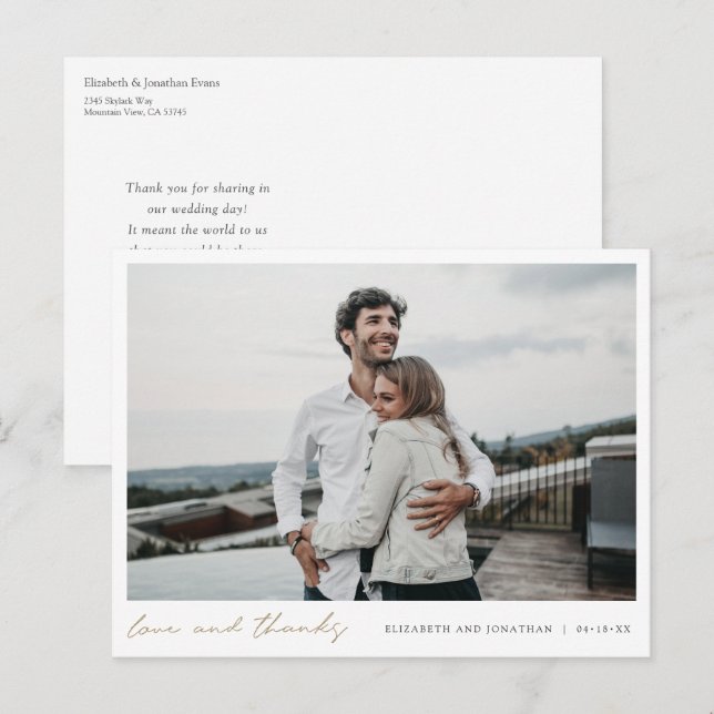 Simple Elegant Gold Wedding Photo Thank You Postcard (Front/Back)