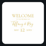 Simple Elegant Gold Wedding Welcome Square Sticker<br><div class="desc">This simple elegant gold wedding welcome square sticker is perfect for your modern minimalist white and gold wedding. The design features minimal contemporary gold font accompanied by formal calligraphy. Keep it as is,  or choose to personalise it with your own artwork or photos!</div>