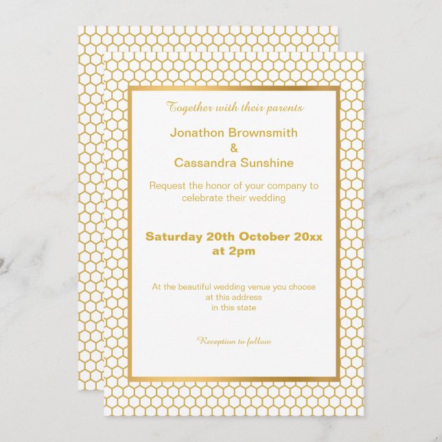 SIMPLE & ELEGANT GOLD WHITE HEXAGON PATTERN INVITATION (Front/Back)