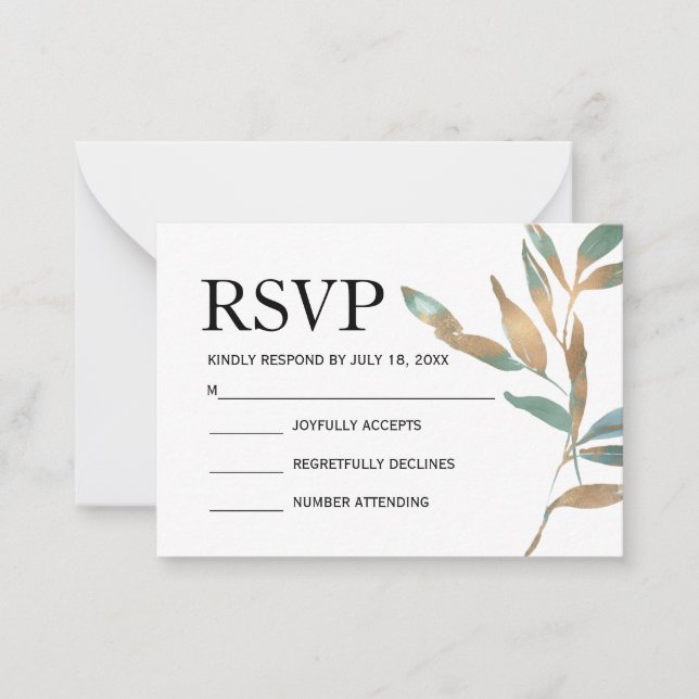 Simple elegant golden green leef botanical rsvp card (Front)
