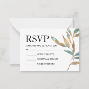 Simple elegant golden green leef botanical rsvp card
