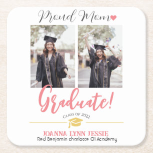 Simple Elegant Graduation gold Cap Thanks Script Square Paper Coaster
