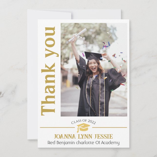 Simple Elegant Graduation gold Cap Thanks Script Thank You Card (Front)