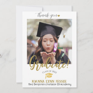 Simple Elegant Graduation gold Cap Thanks Script Thank You Card