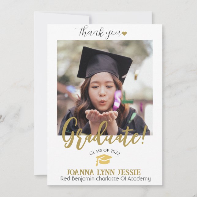 Simple Elegant Graduation gold Cap Thanks Script Thank You Card (Front)