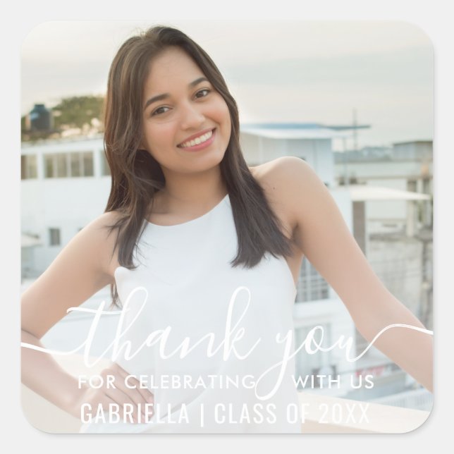 Simple Elegant Graduation Photo White Thank You Square Sticker (Front)