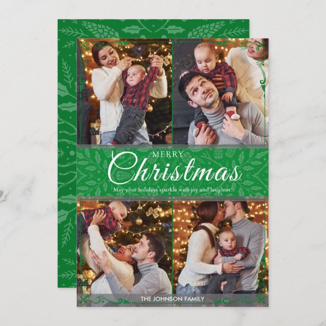 Simple Elegant Green Frame 4 Photo Christmas Holiday Card (Front/Back)