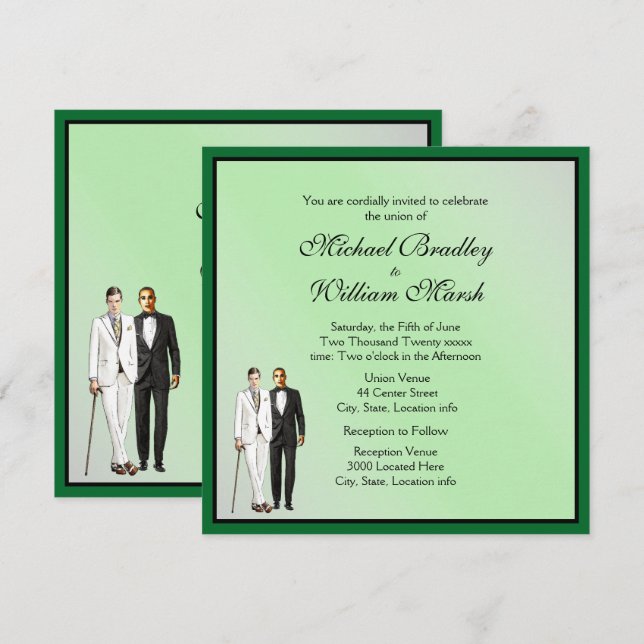 Simple Elegant Green Gay Wedding Invite (Front/Back)