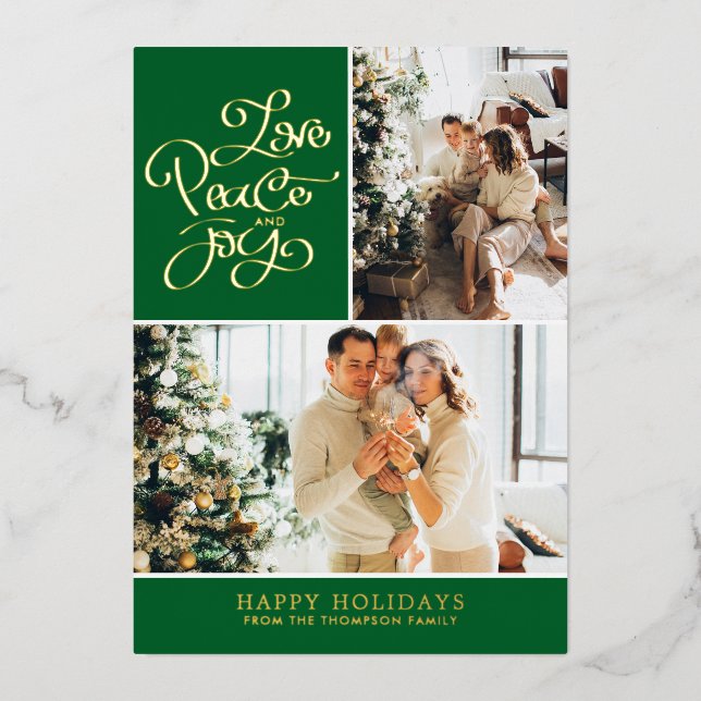 Simple Elegant Green Love Peace Joy Photo Collage Foil Holiday Card (Front)
