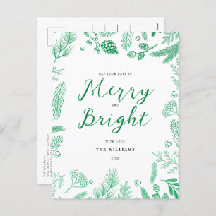Simple Elegant Green Merry and Bright Christmas Holiday Postcard