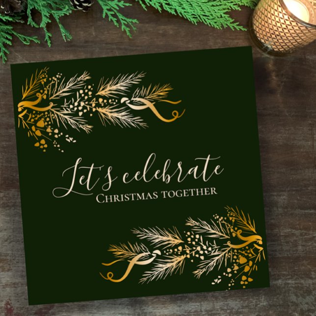 Simple Elegant Green Personalised Christmas Party Invitation (Invite your guests for a Christmas party with unique dark green elegant golden pine invitation card)