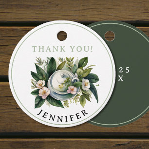 Simple Elegant Green Pink Floral Tea Watercolor Favour Tags