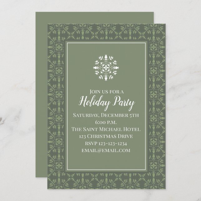 Simple Elegant Green Snowflake Pattern Classic Invitation (Front/Back)