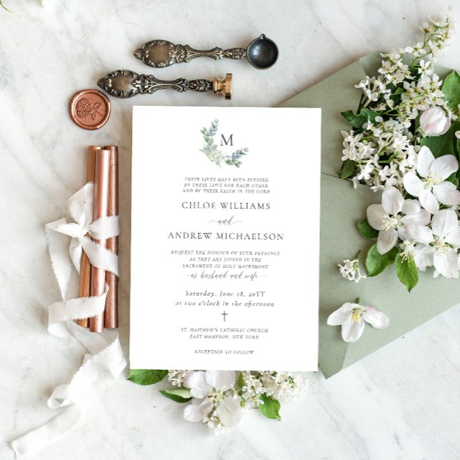 Simple Elegant Greenery Catholic Wedding Invitation (Catholic wedding invitation with monogram framed by eucalyptus greenery and white flowers.)
