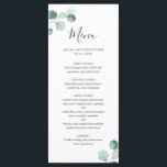 Simple Elegant Greenery Eucalyptus Wedding Menu<br><div class="desc">Elegant wedding menu with a simple design featuring watercolor painted eucalyptus greenery in the upper left corner and lower right corner.  The backside is a matching shade of medium sage green.  This rustic botanical wedding menu with a modern twist is perfect for a spring or summer wedding.</div>