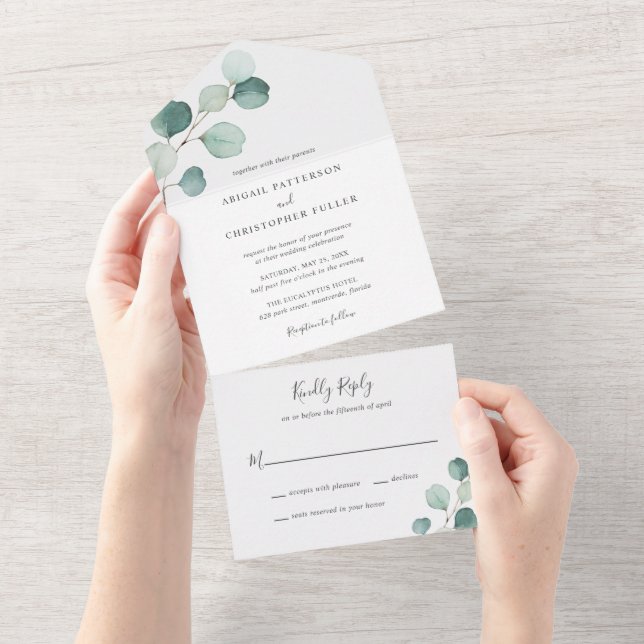 Simple Elegant Greenery Rustic Eucalyptus Wedding All In One Invitation (Tearaway)