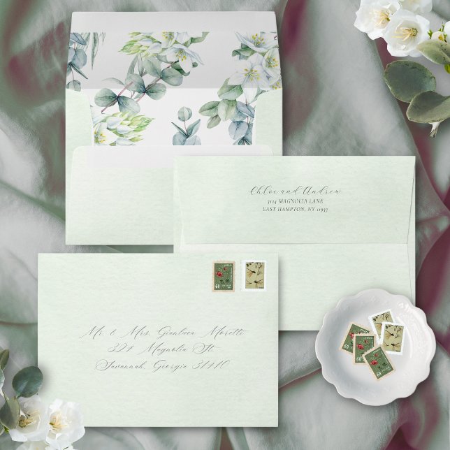 Simple Elegant Greenery White Wedding Invitation Envelope (This pastel green wedding envelope is lined with soft eucalyptus greenery and delicate white flowers)