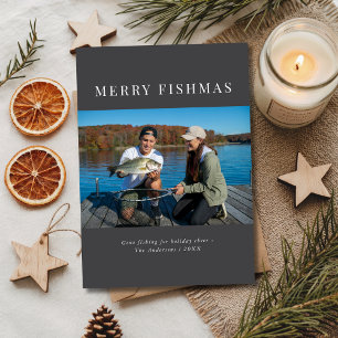Simple Elegant Grey Merry Christmas Fishing Photo Holiday Card