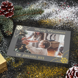 Simple Elegant Grey Poinsettia Christmas Photo Foil Holiday Card