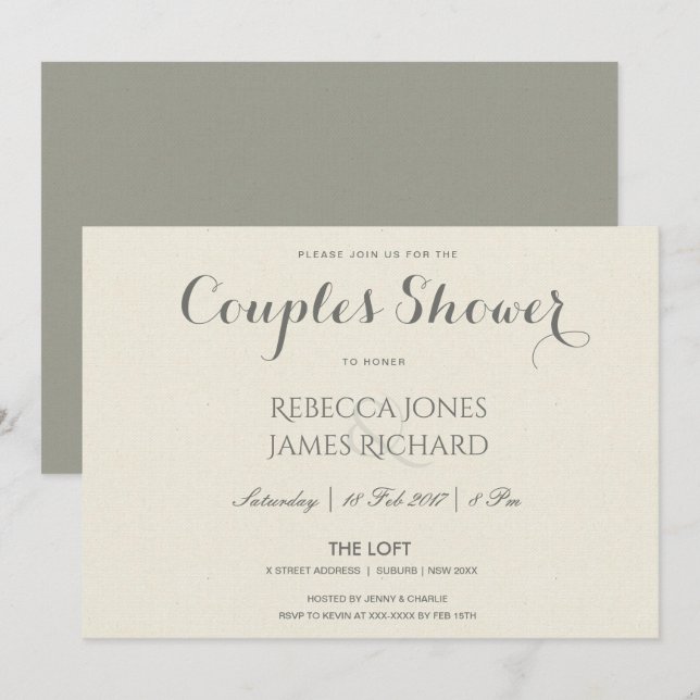 SIMPLE ELEGANT  GREY TYPOGRAPHY COUPLES SHOWER INVITATION (Front/Back)