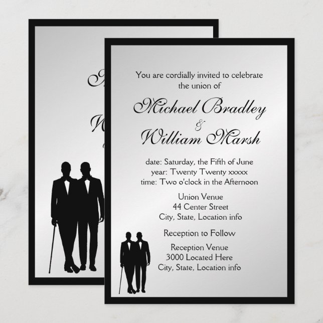Simple Elegant Groom and Groom Gay Silver Wedding Invitation (Front/Back)
