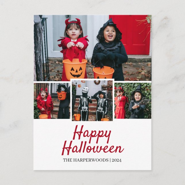 Simple Elegant Halloween Family Four Photo Holiday Postcard (Front)