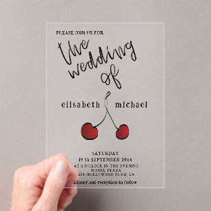Simple elegant hand drawn whimsy red cherry acrylic invitations