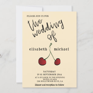 Simple elegant hand drawn whimsy red cherry invitation