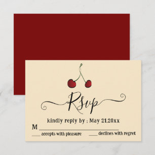 Simple elegant hand drawn whimsy red cherry RSVP card