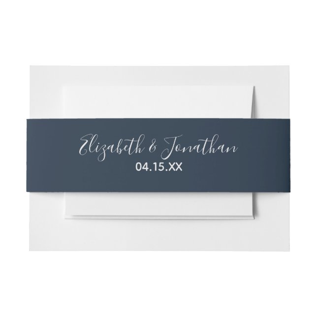 Simple Elegant Hand Lettered Script Navy Wedding Invitation Belly Band (Front Example)