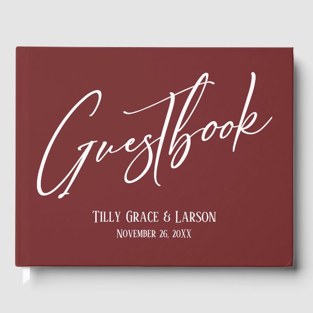 Simple Elegant Handwriting Burgundy Guestbook (Front)