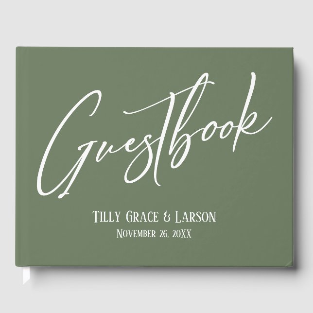 Simple Elegant Handwriting Olive Green Guestbook (Front)