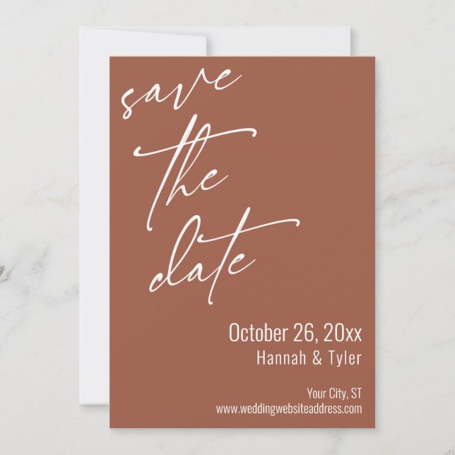 Simple Elegant Handwriting Script Terracotta Save The Date (Front)