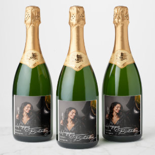 Simple Elegant Happy Birthday Photo Sparkling Wine Label