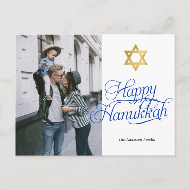 Simple elegant Happy Hanukkah family photo Postcard (Front)
