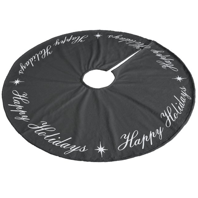 Simple Elegant Happy Holidays Black & White Fleece Tree Skirt (Angled)