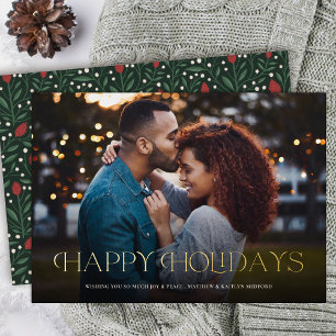 Simple Elegant Happy Holidays Floral Back Foil Holiday Card