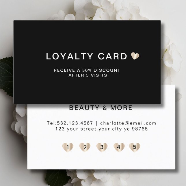 Simple Elegant Heart 5 Visit Loyalty Card (Personalized, Simple Elegant Heart 5 Visit Loyalty Card, Black + Gold.)