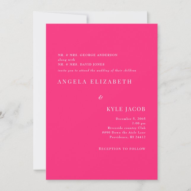 Simple & Elegant Hot Pink White Text Wedding  Invitation (Front)