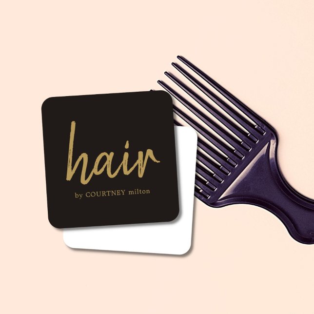 Simple Elegant Ivory Black Golden Hair Stylist Square Business Card (Creator Uploaded)